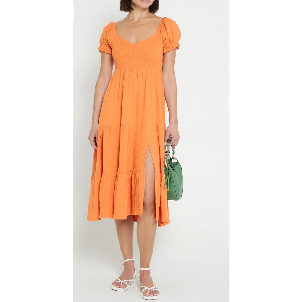 O.P.T. Gauzy Cotton Lanna‎ Puff Sleeve Smocked Midi Dress Orange Size Small